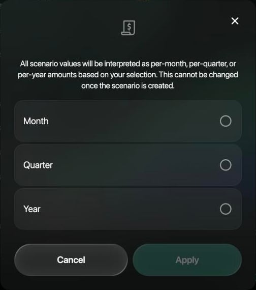Window explaining that all scenario values are per-month, per-quarter or per-year amounts and that this can't be changed later, with Month, Quarter and Year options and Cancel and Apply buttons.