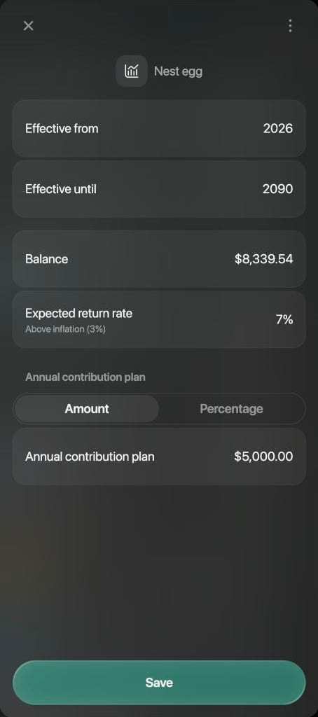 Nest egg panel with Balance $8,339.54, Expected return rate 7% marked Above inflation (3%), and Annual contribution plan set to Amount with $5,000.00.