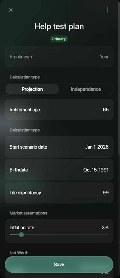 New scenario panel named Help test plan with a Primary badge, Breakdown Year, Calculation type Projection, Retirement age 65, Start scenario date Jan 1, 2026, Birthdate Oct 15, 1991, Life expectancy 99 and Inflation rate 3%.