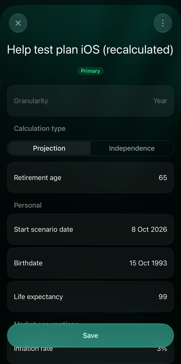 Деталі сценарію на iOS: Help test plan iOS (recalculated), Start scenario date 8 Oct 2026 і кнопка Save.