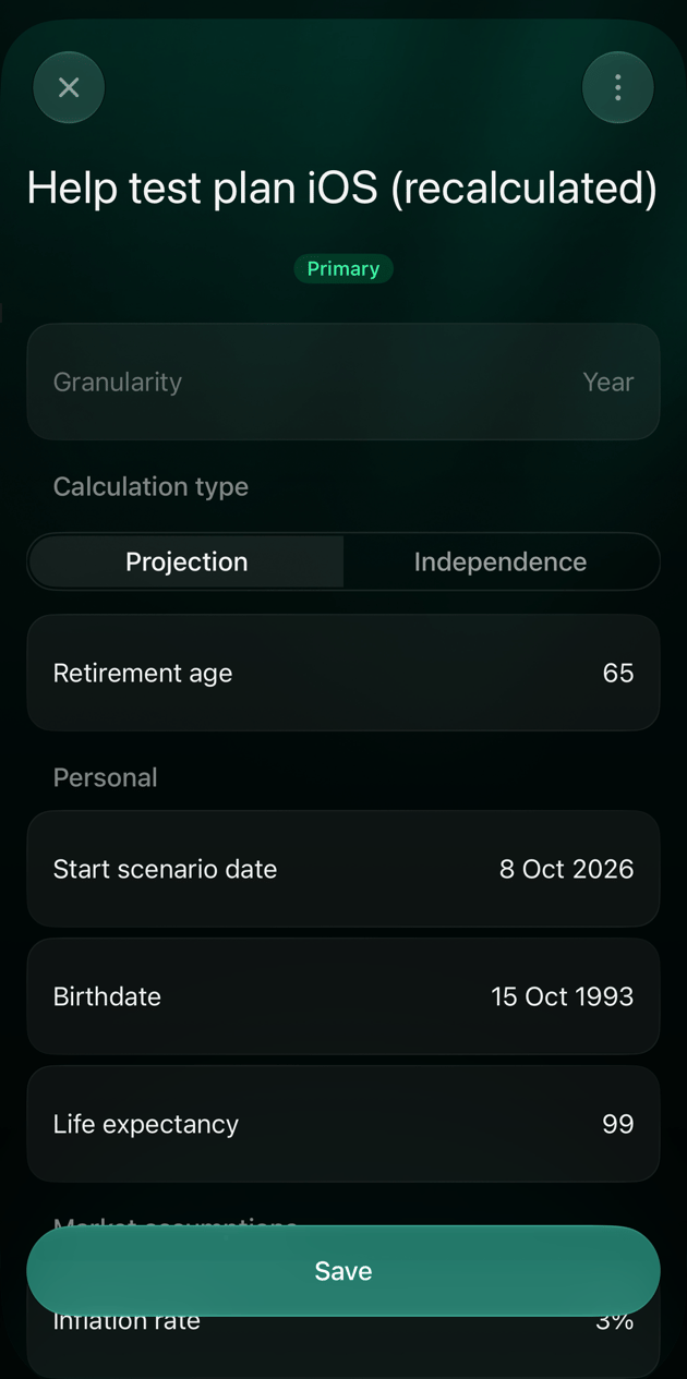 iOS Scenario details titled Help test plan iOS (recalculated) with Start scenario date 8 Oct 2026 and a Save button.