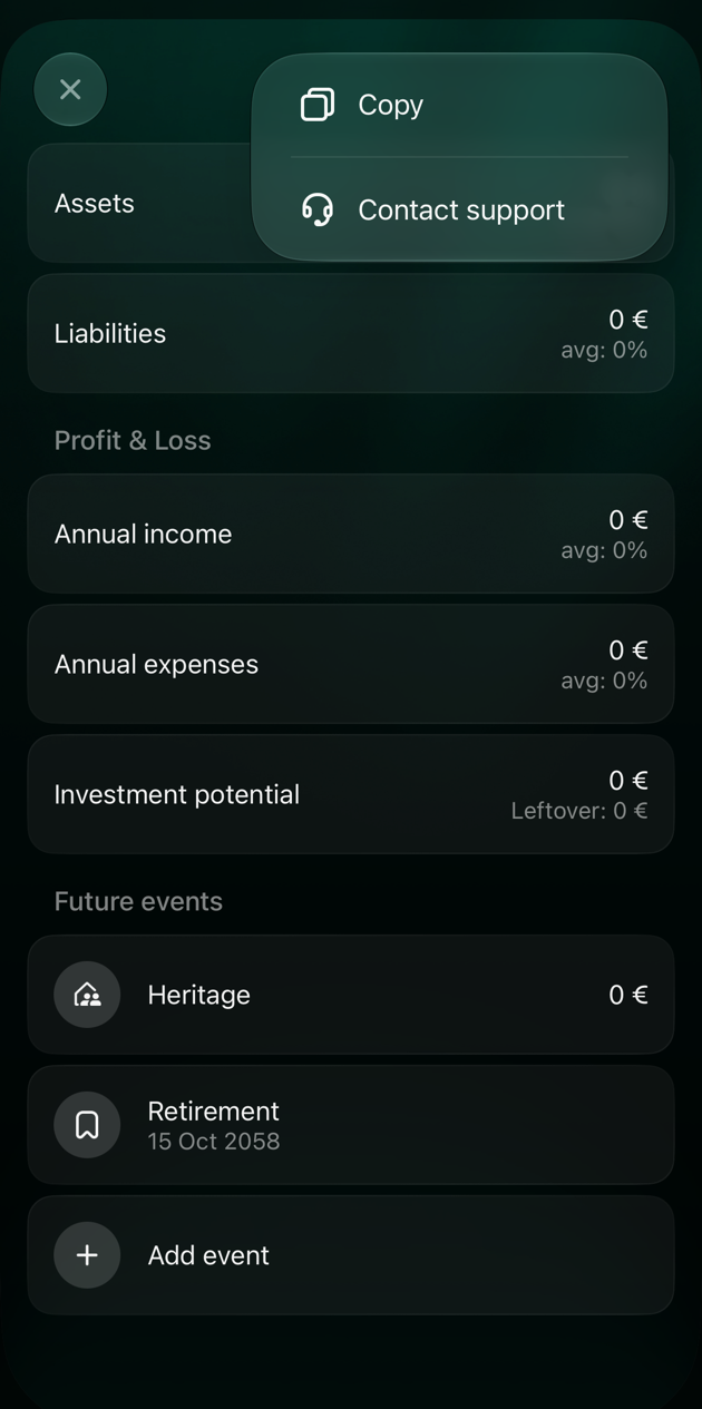 Деталі сценарію на iOS із відкритим меню ⋮: Copy і Contact support над розділами Assets, Liabilities, Profit & Loss і Future events.