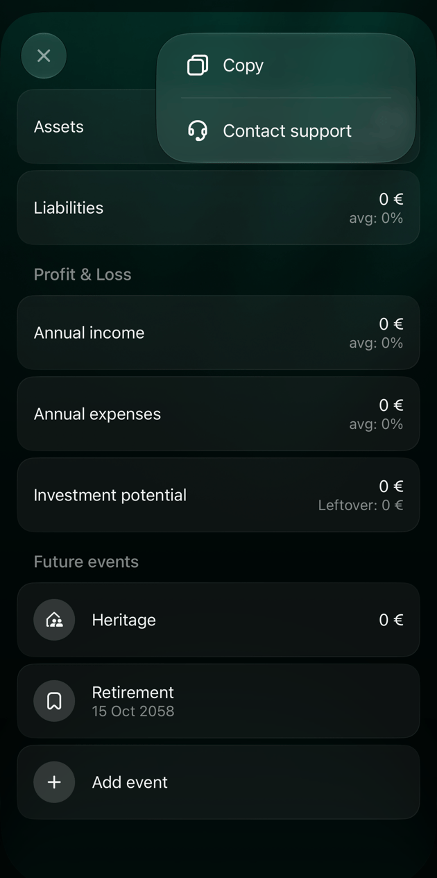 iOS Scenario details with the ⋮ menu open, showing Copy and Contact support above the Assets, Liabilities, Profit & Loss and Future events sections.
