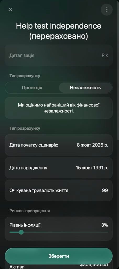 Панель сценарію Help test independence (перераховано): Тип розрахунку Незалежність, Дата початку сценарію 8 жовт 2026 р.