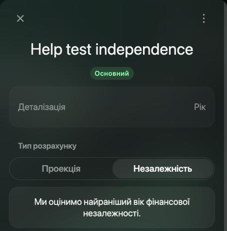 Панель сценарію Help test independence: Деталізація Рік, Тип розрахунку Незалежність і текст Ми оцінимо найраніший вік фінансової незалежності.