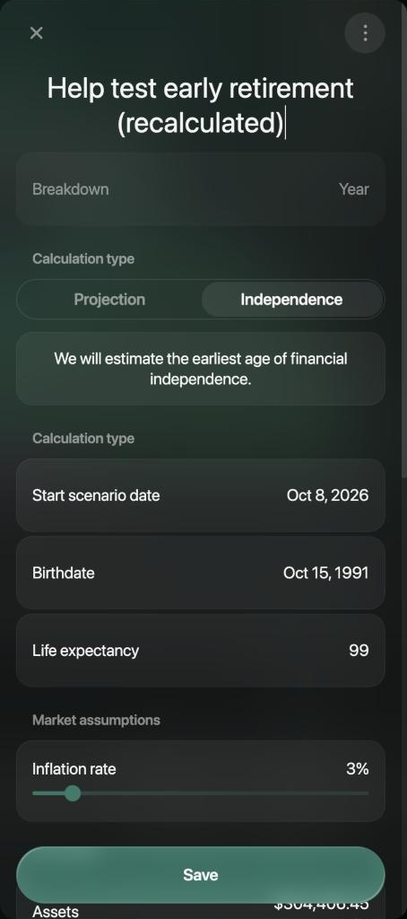 Scenario panel titled Help test early retirement (recalculated) with Calculation type Independence and Start scenario date Oct 8, 2026.