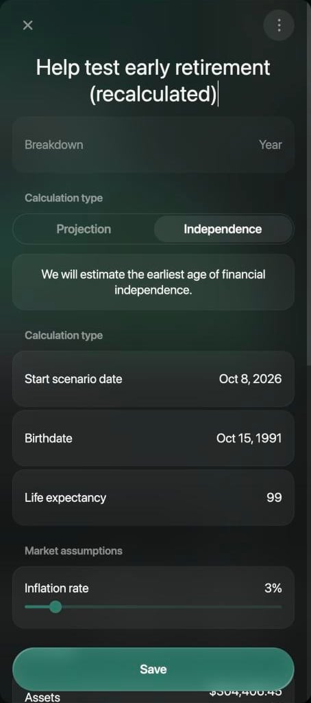 Scenario panel titled Help test early retirement (recalculated) with Calculation type Independence and Start scenario date Oct 8, 2026.