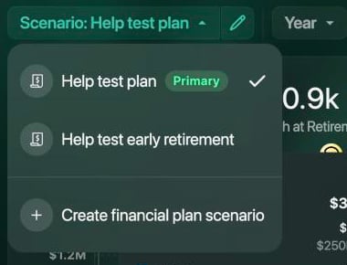 Scenario list open under Scenario: Help test plan, showing Help test plan with a Primary badge and a check mark, Help test early retirement, and Create financial plan scenario.