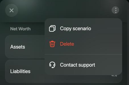 Scenario panel with the ⋮ menu open, listing Copy scenario, Delete in red, and Contact support.