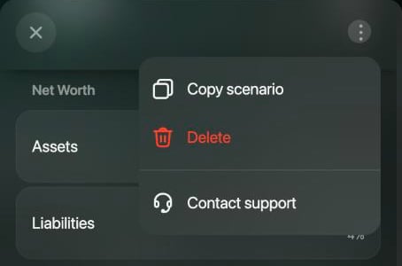 Scenario panel with the ⋮ menu open, listing Copy scenario, Delete in red, and Contact support.