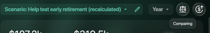 Financial plan toolbar with the scenario name, a pencil, Year, the scales icon with the tooltip Comparing, and the Actualize plan icon.