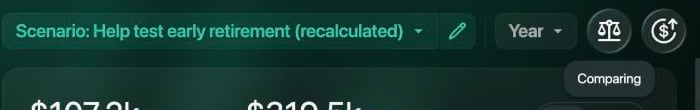 Financial plan toolbar with the scenario name, a pencil, Year, the scales icon with the tooltip Comparing, and the Actualize plan icon.