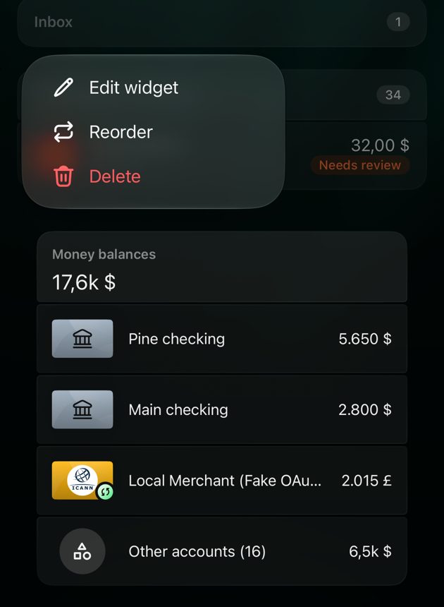 Menú contextual de iOS sobre un widget del panel con Edit widget, Reorder y Delete