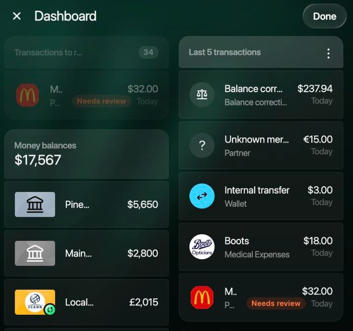 並べ替えモードのDashboard。閉じるボタン、Done、薄く表示されたTransactions to reviewカード。