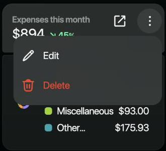 El widget Expenses this month con su icono para abrirlo y el menú ⋮ con Edit y Delete