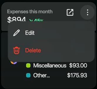 Expenses this monthウィジェット。開くアイコンと、EditとDeleteが表示された⋮メニュー。