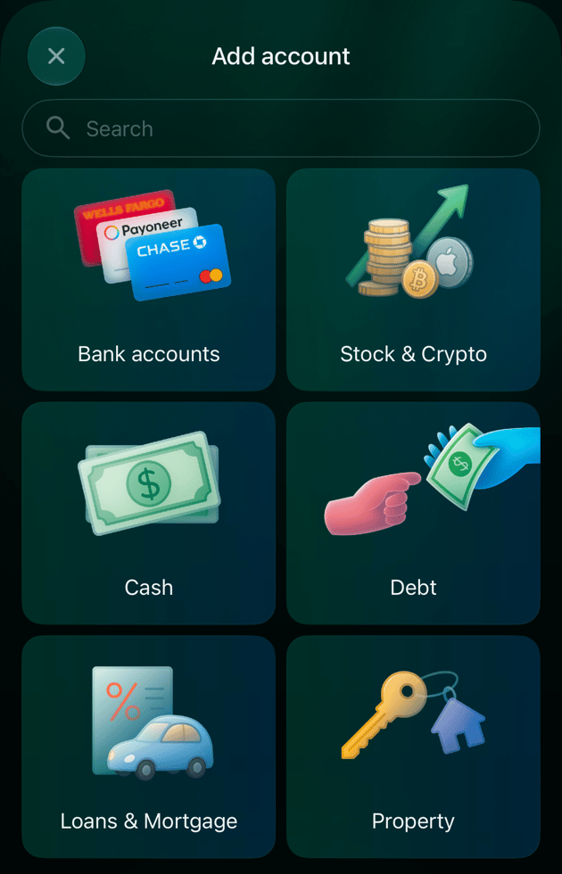 Pantalla Add account en iOS con Bank accounts, Stock & Crypto, Cash, Debt, Loans & Mortgage y Property.