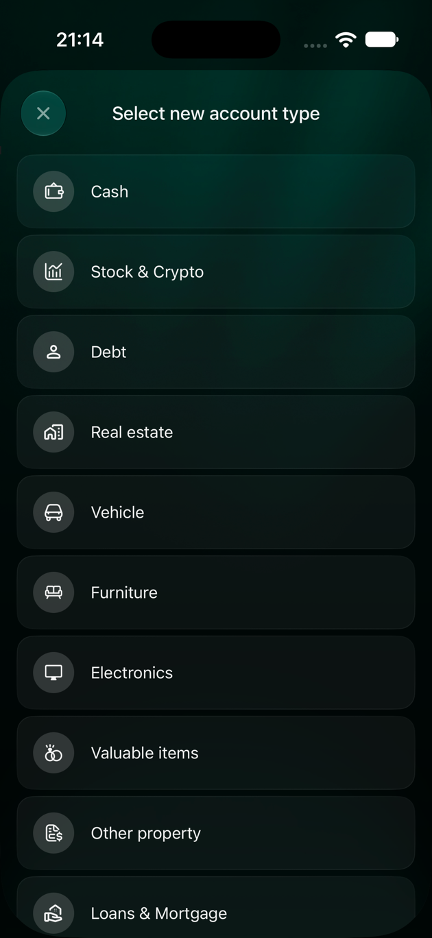 iOS Select new account type screen: Cash, Stock & Crypto, Debt, Real estate, Vehicle, Furniture, Electronics, Valuable items, Other property and Loans & Mortgage.