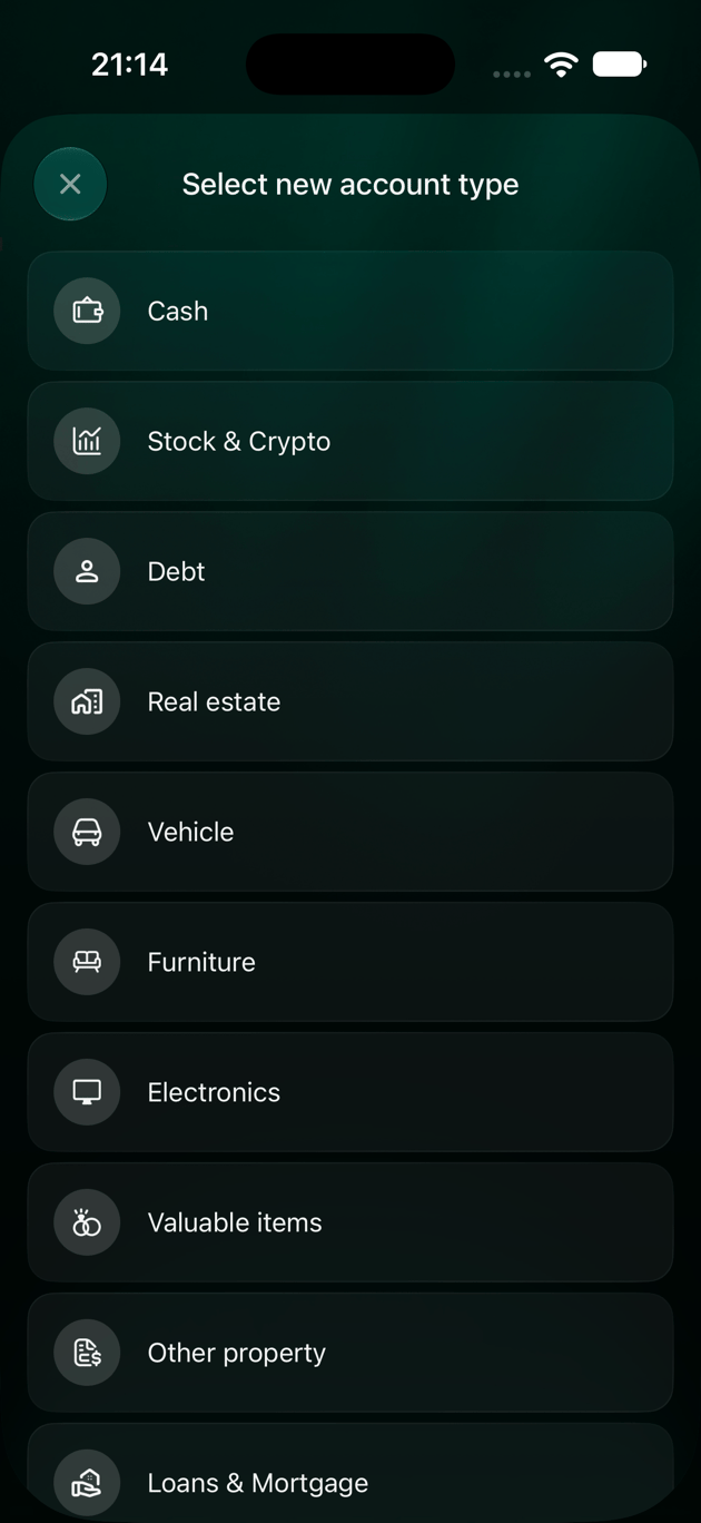 Pantalla Select new account type en iOS: Cash, Stock & Crypto, Debt, Real estate, Vehicle, Furniture, Electronics, Valuable items, Other property y Loans & Mortgage.