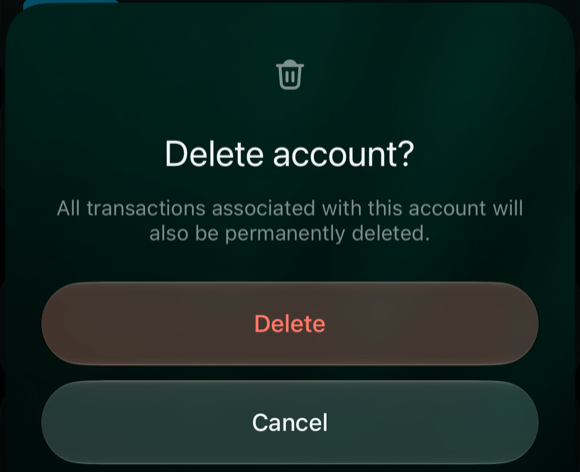 Delete account? en iOS: All transactions associated with this account will also be permanently deleted. Delete y Cancel.