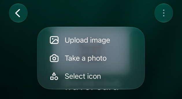 iOS account menu with Upload image, Take a photo and Select icon.
