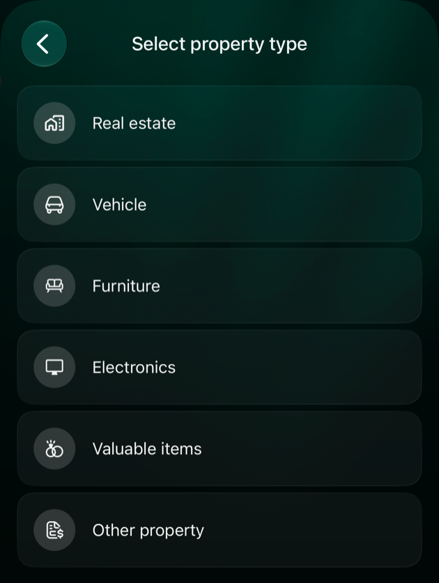 iOS Select property type screen with Real estate, Vehicle, Furniture, Electronics, Valuable items and Other property.