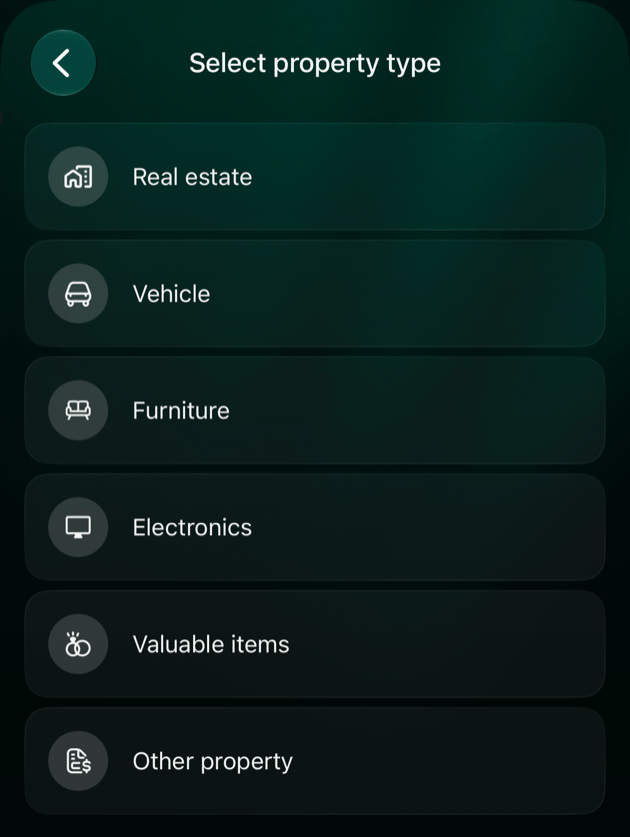 iOS Select property type screen with Real estate, Vehicle, Furniture, Electronics, Valuable items and Other property.