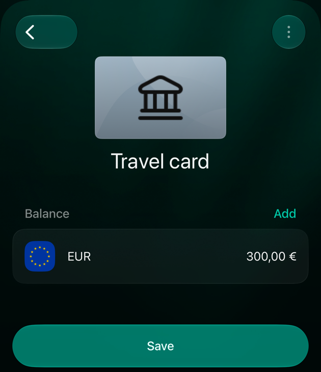 iOS review screen for Travel card with a EUR balance of 300,00 € and Save.