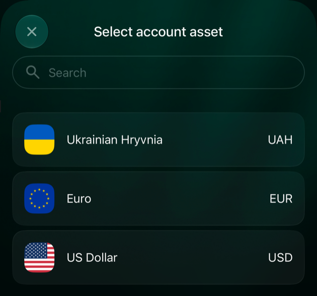 iOS Select account asset screen with a search field and Ukrainian Hryvnia, Euro and US Dollar.