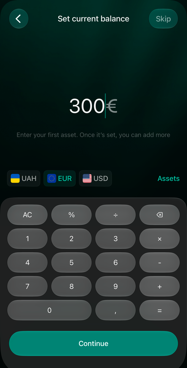 iOS Set current balance screen with 300 EUR, Assets, Skip and Continue.