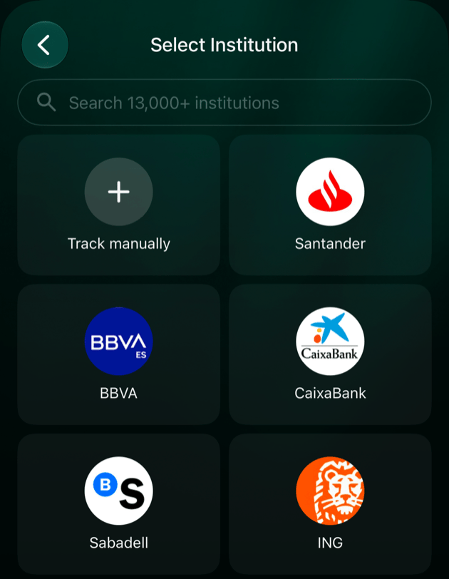 Pantalla Select Institution en iOS con Track manually y los mosaicos de los bancos.