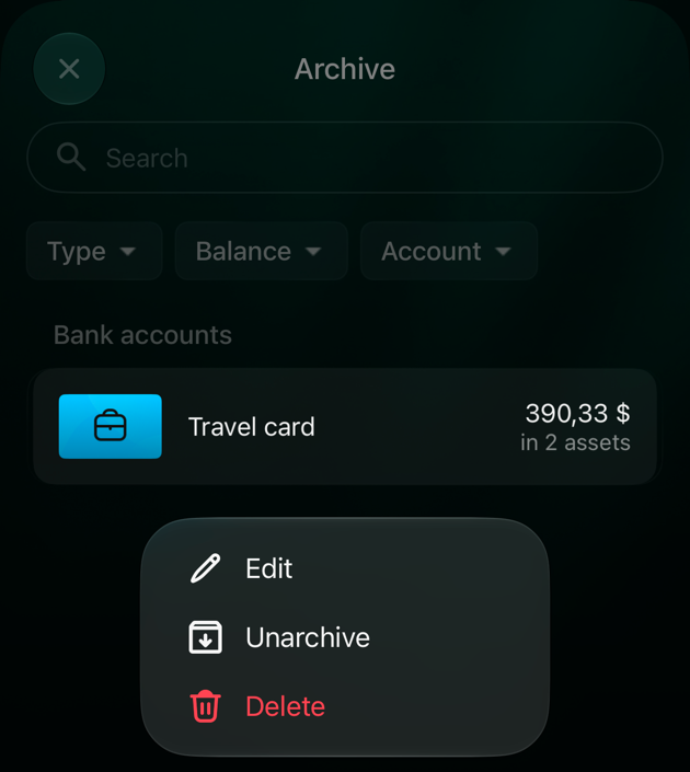 iOS Archive screen with the Travel card menu open: Edit, Unarchive and Delete.