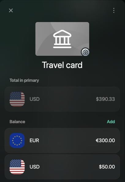 Travel card con Total in primary USD $390.33 y saldos separados de €300.00 y $50.00, con Add junto a Balance.