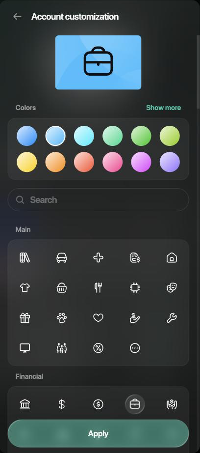 Account customization panel with a light blue briefcase icon, Colors, icon search, and Apply.