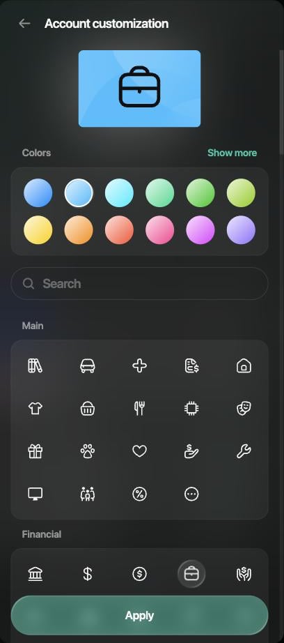 Panel Account customization con un icono de maletín azul claro, Colors, la búsqueda de iconos y Apply.