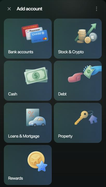 Add account panel with Bank accounts, Stock & Crypto, Cash, Debt, Loans & Mortgage, Property and Rewards.