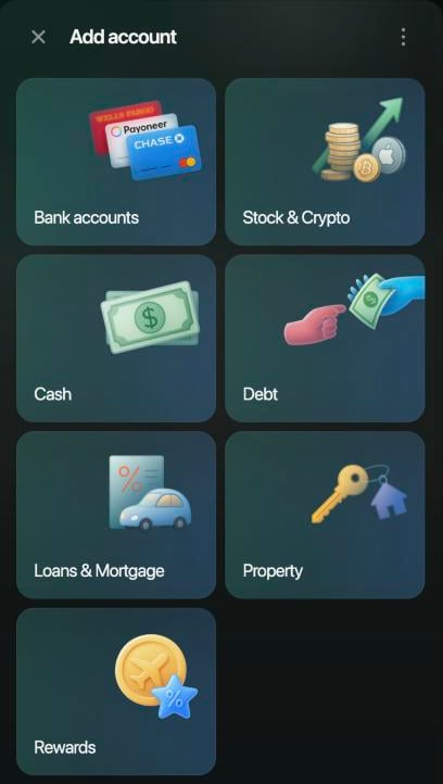 Panel Add account con Bank accounts, Stock & Crypto, Cash, Debt, Loans & Mortgage, Property y Rewards.