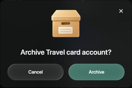 Archive Travel card account? with Cancel and Archive.