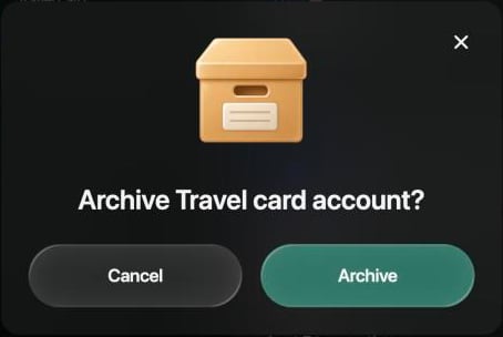 Archive Travel card account? con Cancel y Archive.