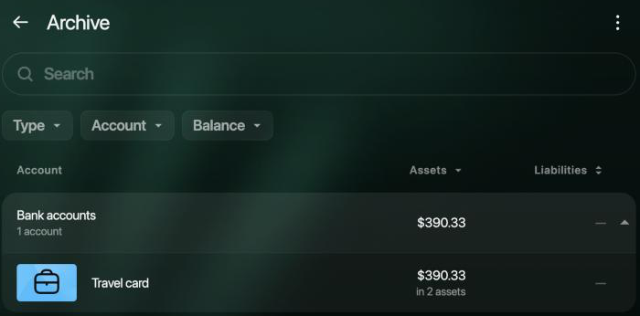 Archive page with Travel card under Bank accounts, $390.33 in 2 assets.