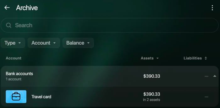 Página Archive con Travel card en Bank accounts, $390.33 in 2 assets.