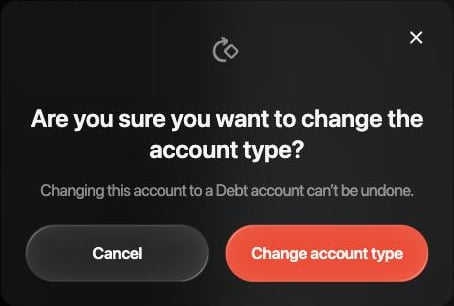 Confirmación: Are you sure you want to change the account type? Changing this account to a Debt account can't be undone. Cancel y Change account type.