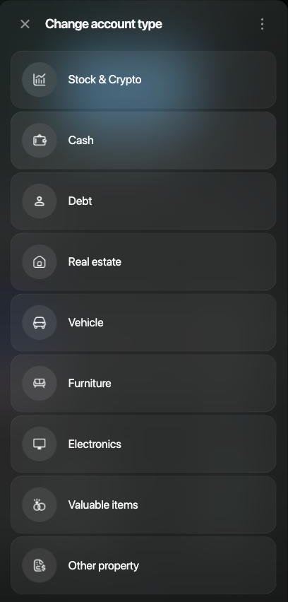 Change account type panel for a bank account: Stock & Crypto, Cash, Debt, Real estate, Vehicle, Furniture, Electronics, Valuable items and Other property.