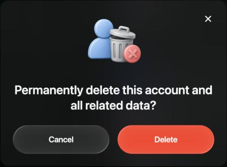 Permanently delete this account and all related data? with Cancel and Delete.