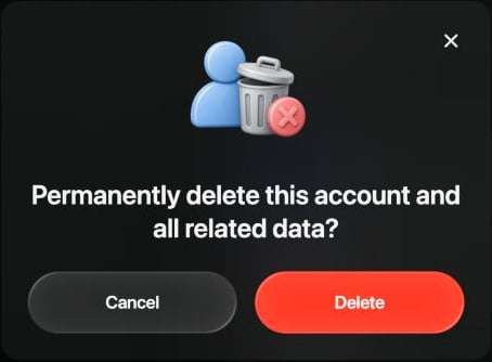 Permanently delete this account and all related data? con Cancel y Delete.