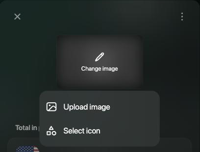 Travel card with the Change image menu open: Upload image and Select icon.
