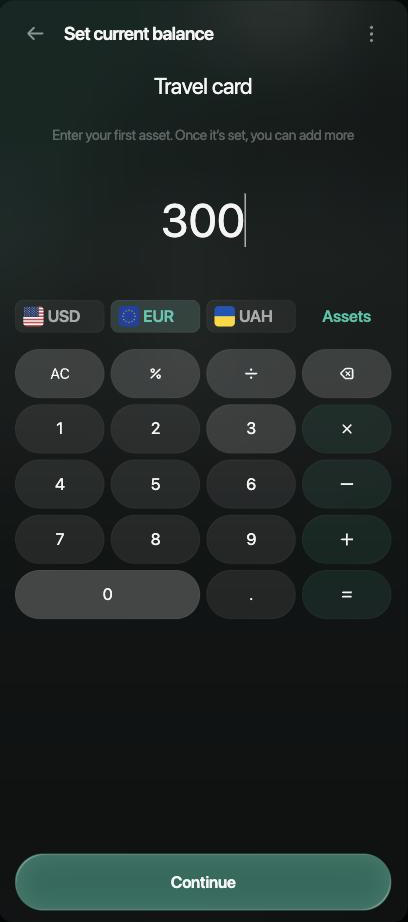 Set current balance panel for Travel card with 300 entered and EUR selected.