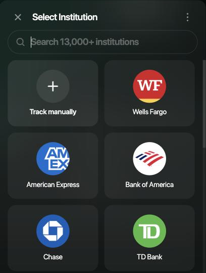 Select Institution panel with a search field, Track manually and bank tiles.