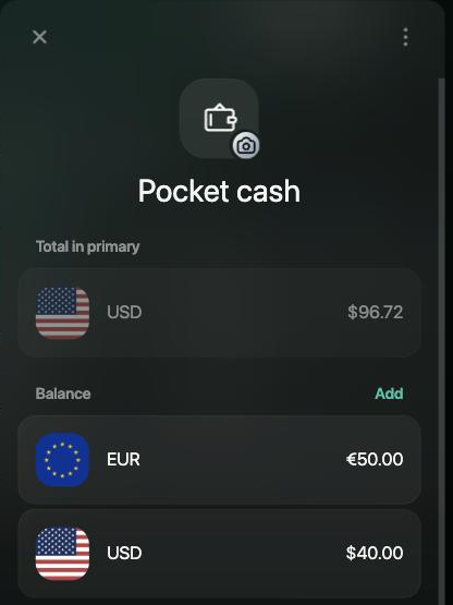 Pocket cash with Total in primary USD $96.72 and separate balances of €50.00 and $40.00, with Add beside Balance.