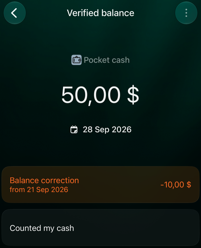 iOS Verified balance 50,00 $ on 28 Sep 2026 with Balance correction −10,00 $ from 21 Sep 2026 and the note Counted my cash.
